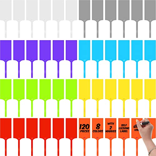 Mimorou ラベル付け用プラスチックタグ 120個 防水 ブランクシール 配送タグ 8色 プラスチック トラック ラベルタグ 2.3インチ x 10インチ セルフロックラベルタグ 物流用 ネクタイラベルタグ マーカーペン2本付き